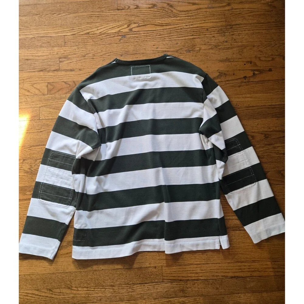 J Crew Rugby Shirt Mens XL Green Wide Striped Elbow Pads Preppy